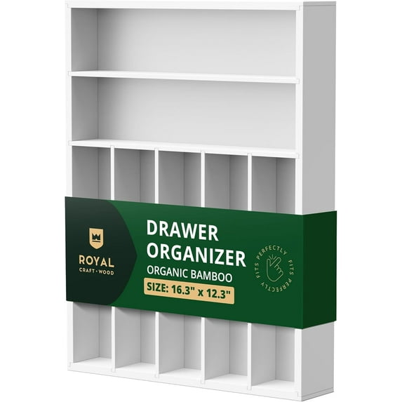 Royal Craft Wood Bamboo Kitchen Drawer Organizer Tray – Silverware Drawer Organizer and Utensil Holder for Flatware, Cutlery & Kitchen Storage (7 Slot, White)