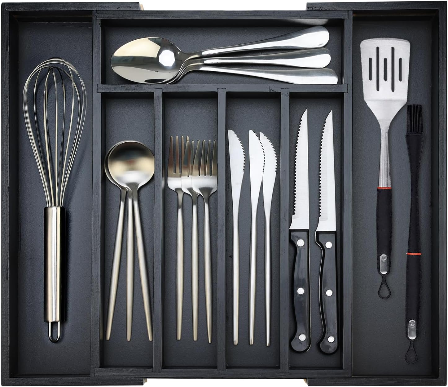 Bamboo Kitchen Drawer Organizer Tray Black Expandable Spoon Silverware Organizer Large Utensil Holder Drawers Divider Adjustable Cutlery Flatware Organizers for Drawer Wood Utensil Silverware Tray