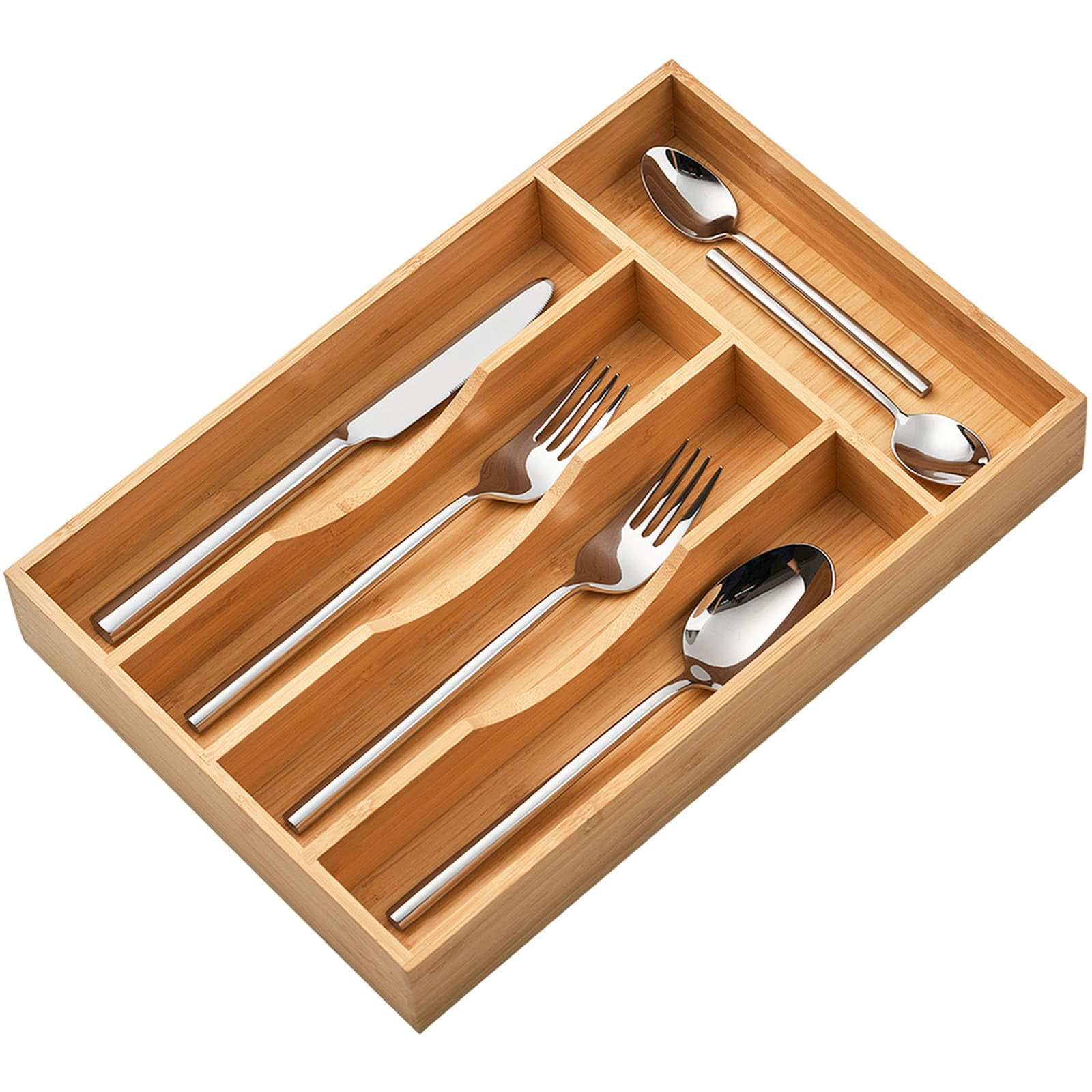 Bamboo Kitchen Drawer Organizer Tray, Silverware Utensils Holder for Small Drawers, Wooden Flatware Cutlery Knives Caddy, Space Saving Design