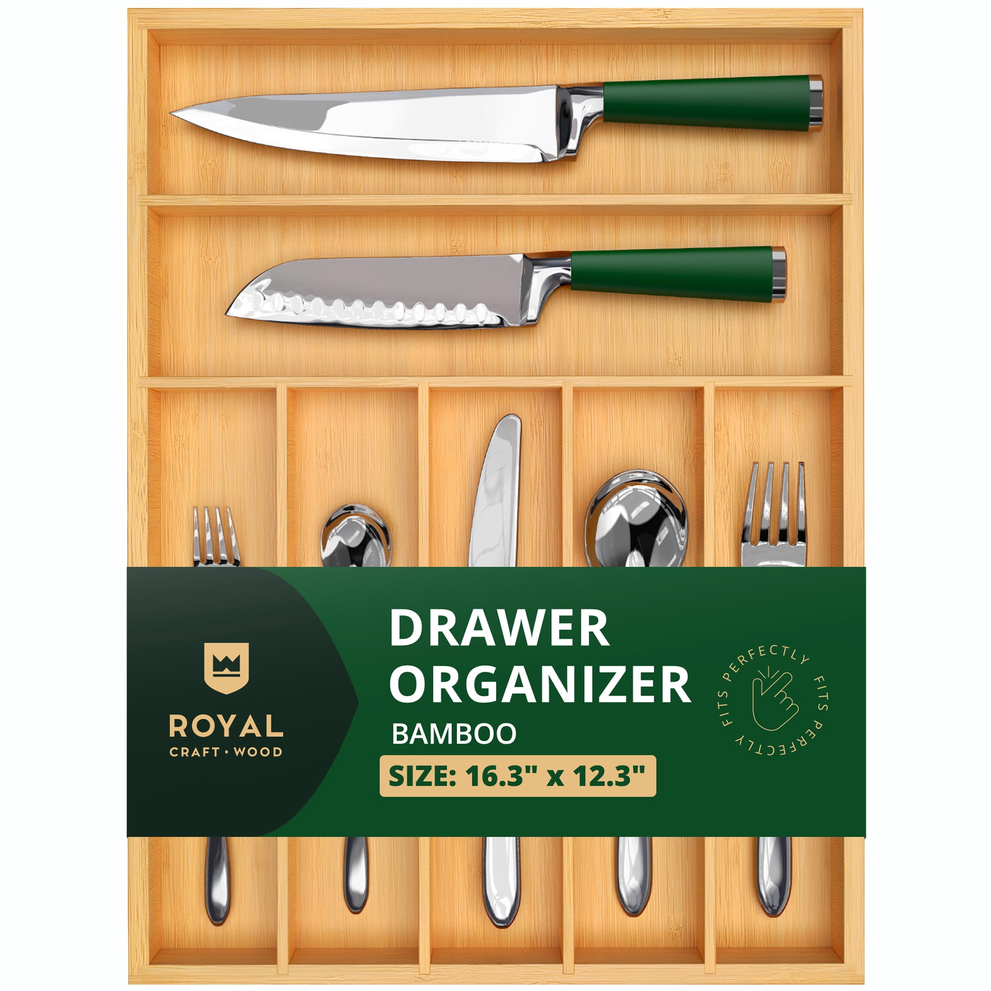 Royal Craft Wood Bamboo Kitchen Drawer Organizer Tray – Silverware Drawer Organizer and Utensil Holder for Flatware, Cutlery & Kitchen Storage (7 Slot, Natural)