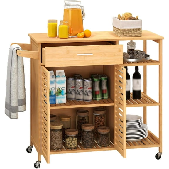 Bamboo Kitchen Island Cart, Rolling Butcher Block with Large Drawer, 2-Door Cabinet, 3-Tier Open Shelves, Towel Rack, Kitchen Carts on Wheels with Storage for Dining Room