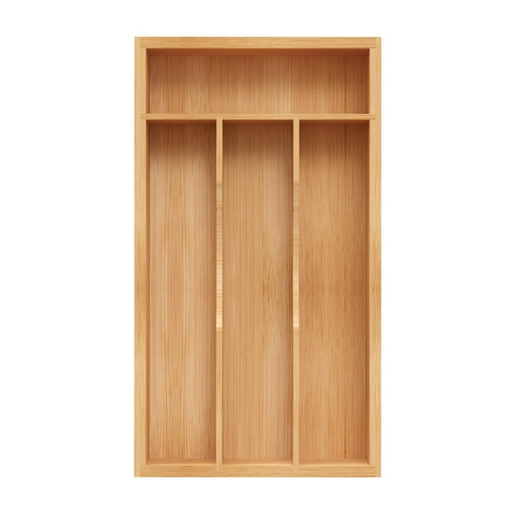 Bamboo Kitchen Organizer Drawer Insert, Silverware Tray with Grooved Sections for Flatware Storage, Versatile Use in Pantry Office Utility Room, Natural Brown