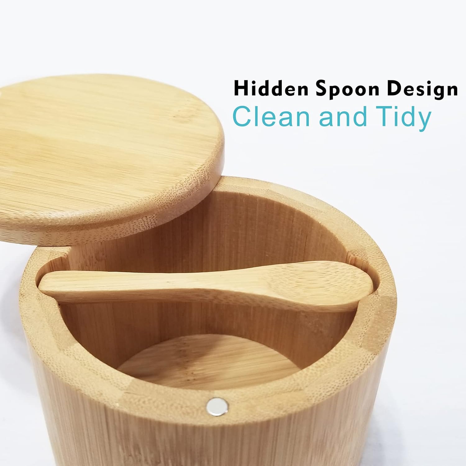 Salt Boxes Storage Bamboo Kitchen Salt Box with Built-in Spoon and Swivel Lid, 12oz Large ...