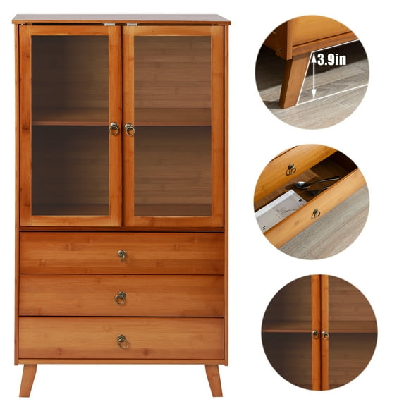 Bamboo Kitchen Sideboard with 2 Acrylic Doors, 23.6"(L)*11.4"(W)*43.3"(H), Accent Buffet Hutch Cabinet, Freestanding Storage Organizer, Console Dining Cupboard, Burlywood