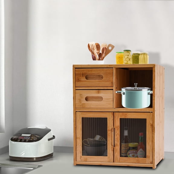 Bamboo Kitchen Storage Cabinet with Drawer, 16.5" Small Sideboard with Clear Acrylic Doors  Compact Organizer for Countertop/Floor, Spice/Tea/Utensil Storage, Natural Wood Finish