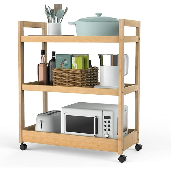 Bamboo Kitchen Storage Cart on Wheels, 3 Tier Wood Rolling Cart for Home Kitchen Coffee Bar
