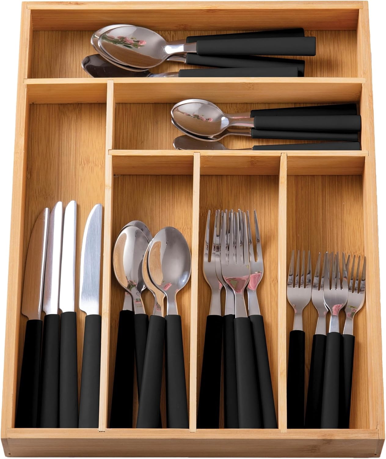 Bamboo Kitchen Utensil Set with Drawer Organizer | Cooking Tools and Storage Caddy, Black, 25 Piece Cutlery Set