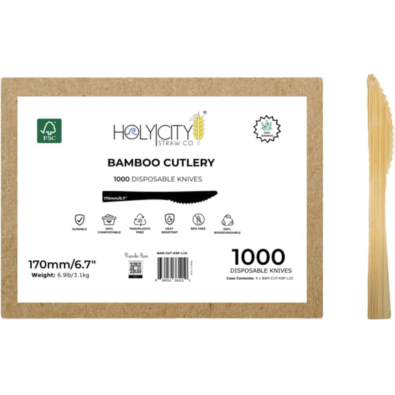Bamboo Knives | 1,000ct. | 6.7” | Biodegradable Utensils | Compostable & Plastic-Free | Great for the Foodservice & Hospitality Industry, To-Go Meals or Events
