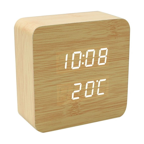 Bamboo LED Digital Alarm Clock with Voice Control, Multi - function Electronic Table Clock with Atomic Time Function - for Bedroom, Office, Desk Use