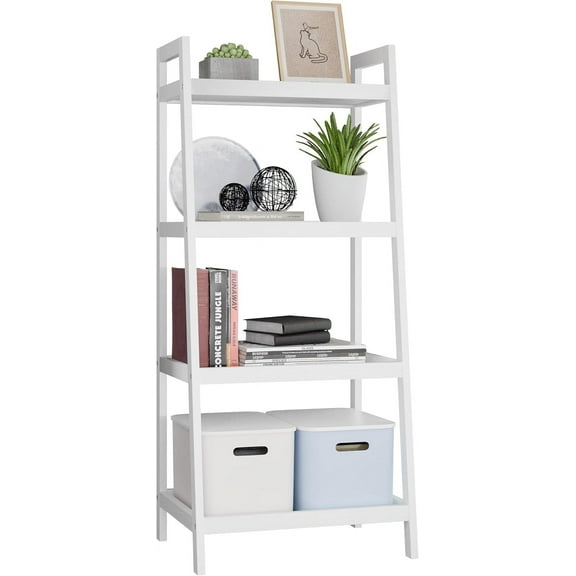 Bamboo Ladder Bookcase, Bathroom Storage Rack Organizer, 4 Tier and 5 Tier Freestanding Plant Display Stand Space Saver Shelves for Bedroom, Kitchen, Balcony (White, 4 Tiers (39" H))