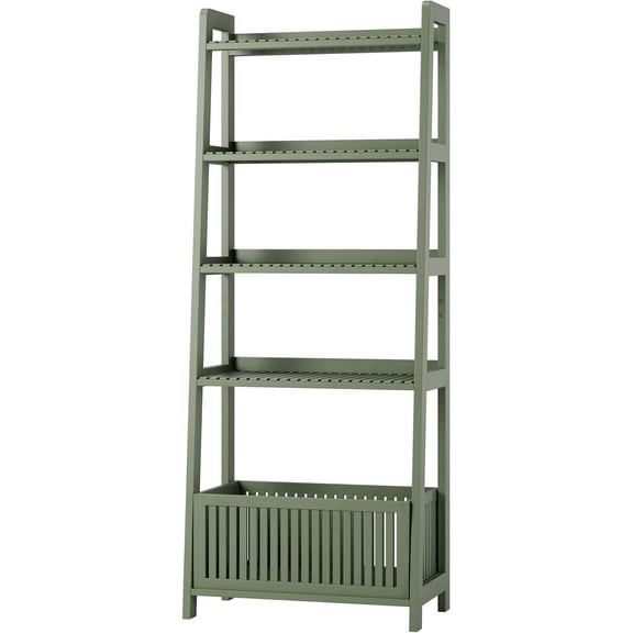 Bamboo Ladder Bookcase with 4 Display Shelves and 1 Open Storage Basket, Organizer for Home Office