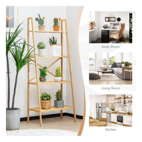 Bamboo Ladder Bookshelf 58 Inch 4-Tier, Natural Finish - Living Room, Office, Plant Stand - Stable & Anti-Tipping Design, Easy Assembly