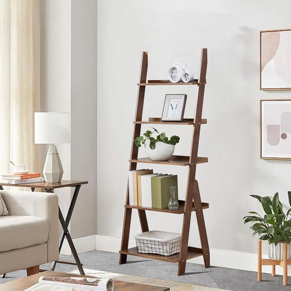 Bamboo Ladder Shelf Bookcase, 5-Tier Leaning Bookshelf Free Standing Organizer Storage Shelves for Living Room, Bedroom, Kitchen, Home Office, Balcony, Natural Wood | Bookcase, Living Room, Bedroom,
