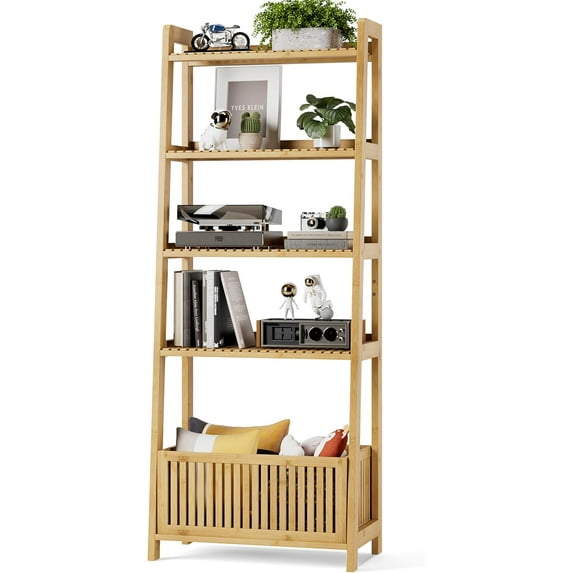 Bamboo Ladder Shelf, Bookshelf with 4 Display Shelves and 1 Open Storage Basket, Multifunctional Storage Rack Organizer for Home Office, Bedroom, Living Room, 66” H Natural