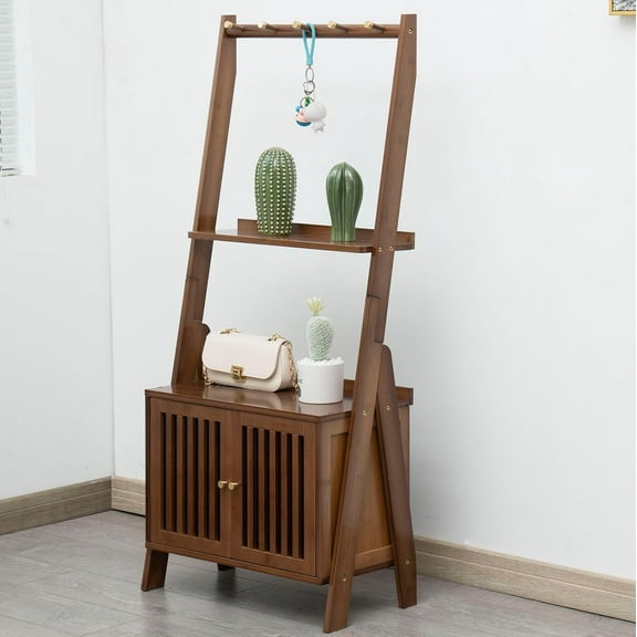 Bamboo Ladder Shelf Modern Wood Bookshelf Tall Bookcase Leaning Wall Shelves Open Standing Storage Rack Shelves for Living Room, Bathroom, Kitchen, Office(Brown, 3 Tier-27x12x47)