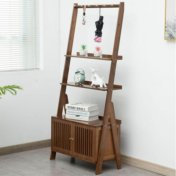 Bamboo Ladder Shelf Modern Wood Bookshelf Tall Bookcase Leaning Wall Shelves Open Standing Storage Rack Shelves for Living Room, Bathroom, Kitchen, Office(Brown, 4 Tier-27x12x59)
