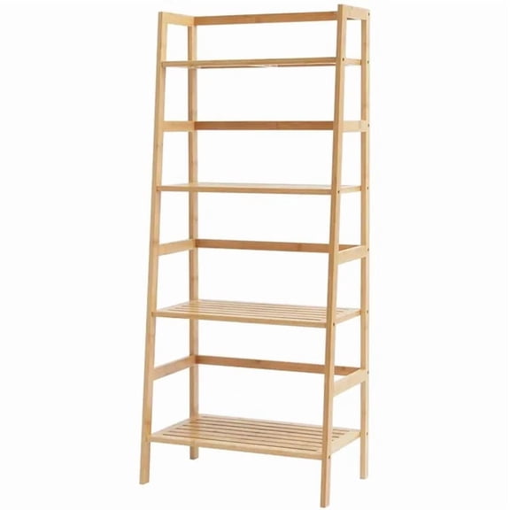 Bamboo Ladder Shelf, Trapezoid Open Bookcase, Display Storage Rack Organizer, Freestanding Plant Stand, Ladder Bookshelf