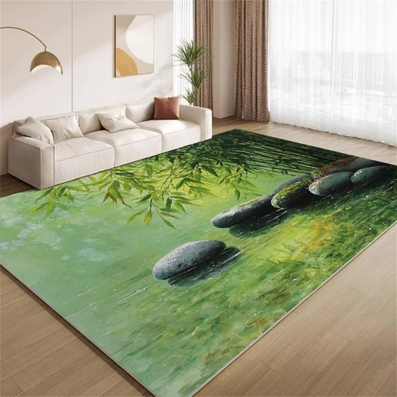 Bamboo Lake Area Rugs, Green Bamboo Forest Lake Pebble Carpet, Washable Non Slip Low Pile Soft Rug for Entryway Bedroom Living Room Decor Mat 5ftx8ft
