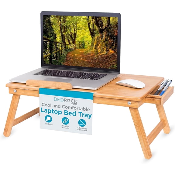 Bamboo Laptop Bed Tray (Natural) | Multi-Position Adjustable Surface | Pull Down Legs | Storage Drawer
