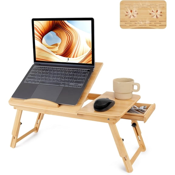 Bamboo Laptop Desk, Adjustable Foldable Bed Tray Table for Bed, Sofa, and Floor, Portable Lap Desk with Tilting Top & Drawer for Writing, Reading, Breakfast, Drawing, and Working