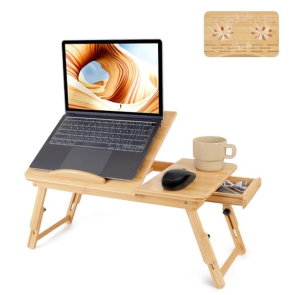 Bamboo Laptop Desk, Adjustable Foldable Bed Tray Table for Bed, Sofa, and Floor, Portable Lap Desk with Tilting Top and Drawer for Writing, Reading, Breakfast, Drawing, and Working