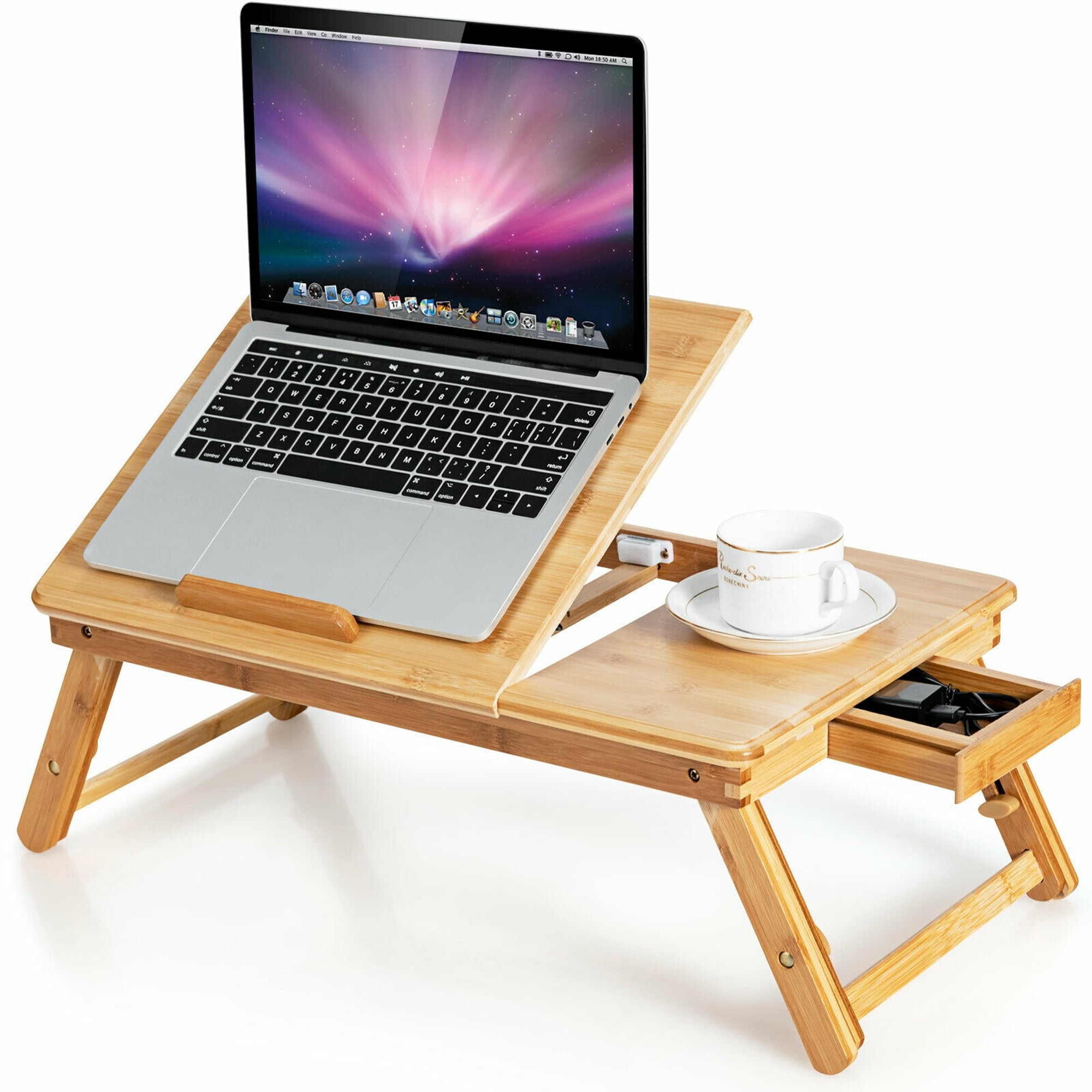 Natural Bamboo Adjustable Laptop Lap Tray with Drawer