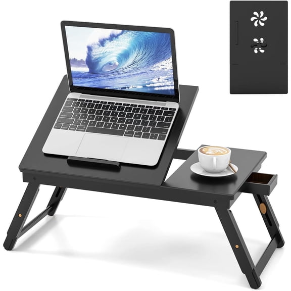 Bamboo Laptop Desk for Bed, Adjustable Serving Tray Breakfast Table with Tilting Desktop, Folding Lap Tray with Removable Stopper, Cooling Holes & Small Side Drawer (Black)