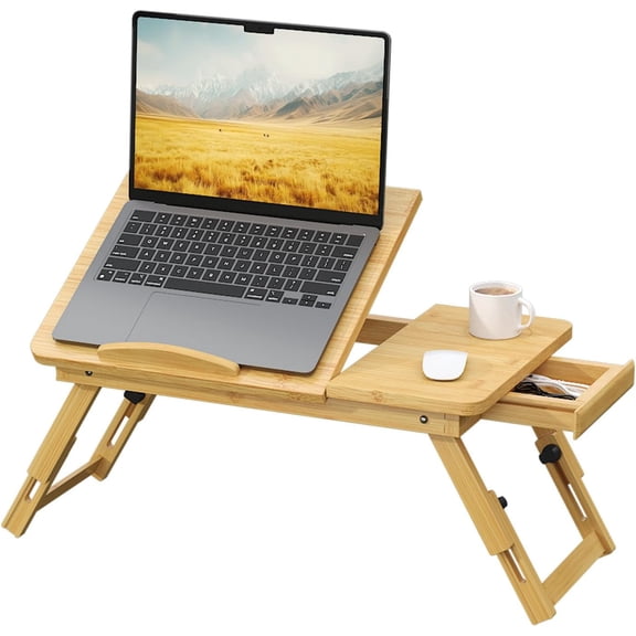 Bamboo Laptop Desk for Bed, Height & Angle Adjustable Foldable Lap Desk with Drawer & Cup Holder, Portable Bed Desk Table for Working, Reading, Writing or Breakfast on Sofa, Couch or Floor