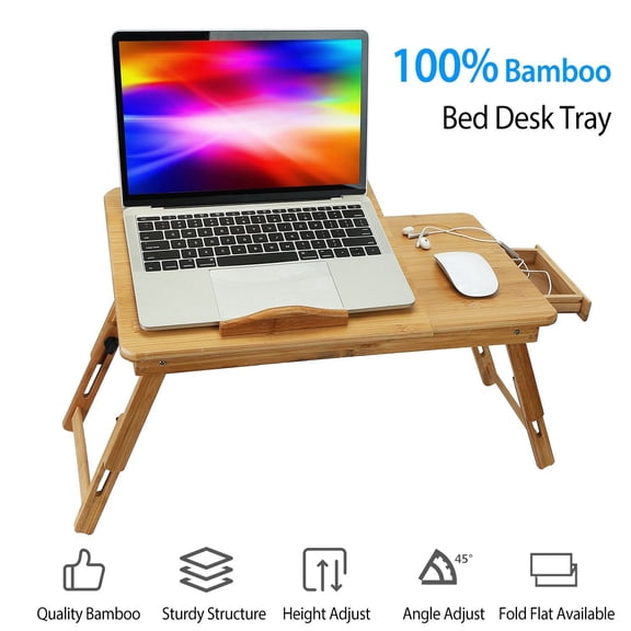Bamboo Laptop Desk Breakfast Serving Bed Tray Foldable Leg Multi-Position Adjustable Tilt Surface Bed Lap Tray with Side Storage Drawer for Work Study Reading Eating Food
