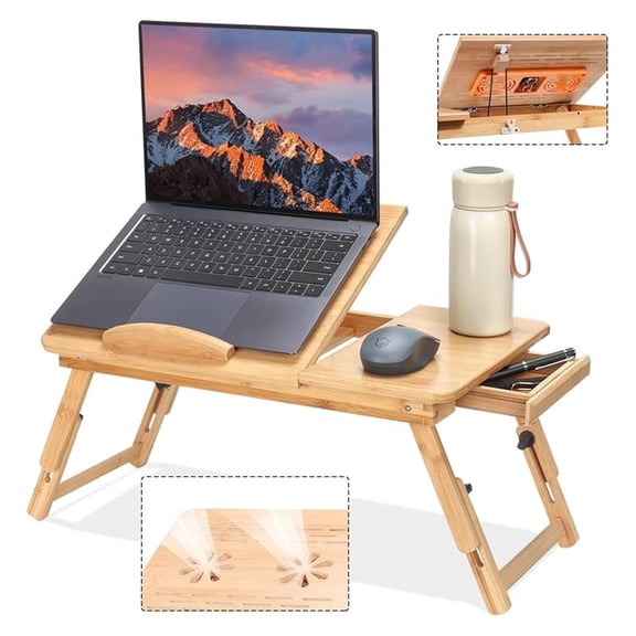 Bamboo Laptop Desk with Cooling Fan, Foldable Lap Desk for Bed & Sofa, Adjustable Tilting Tray Table with Drawer, Portable Writing Desk for Breakfast, Reading