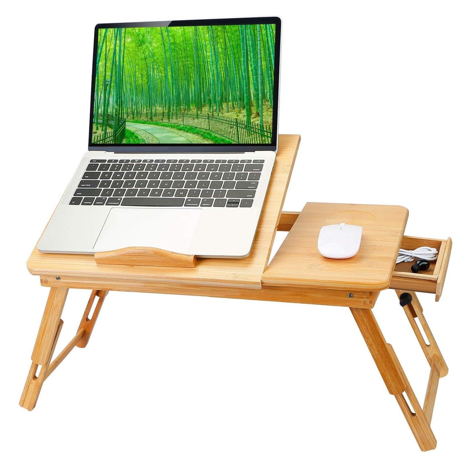 Bamboo Laptop Desk, Foldable Breakfast Tray with Drawer, MultiPosition