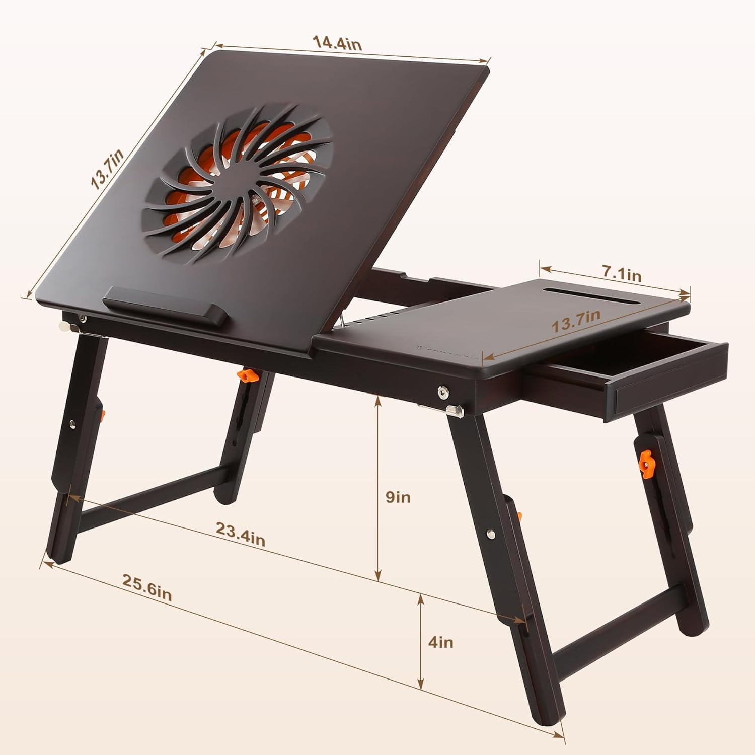 Bamboo Laptop Desk for Bed with Adjustable Fan, Drawer & Phone Slot - 7 Angles 4 Heights Foldable Lap Table