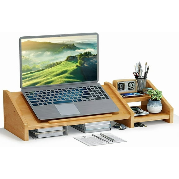 Bamboo Laptop Stand for Desk 3 Heights Adjustable Notebook Stand Computer Monitor Riser with 2 Tier Storage Shelf, Desktop Organizer Printer Stand for Home Office