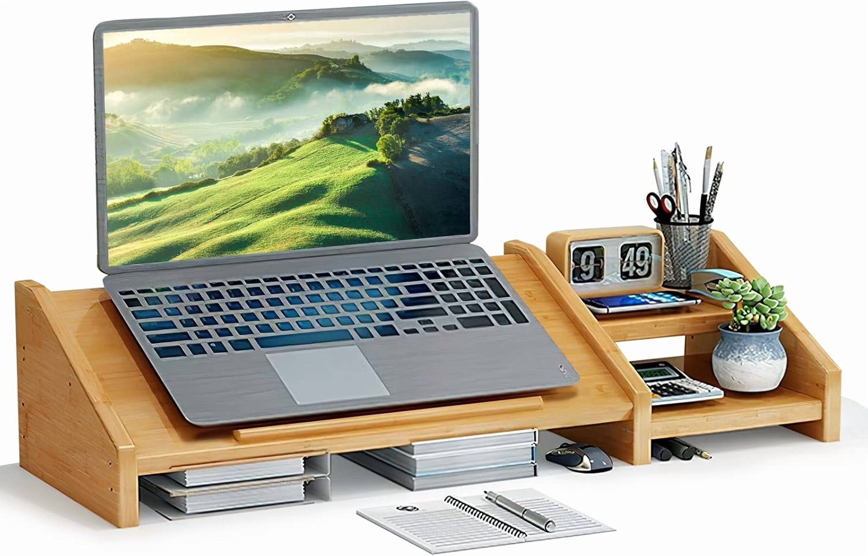 Bamboo Laptop Stand for Desk 3 Heights Adjustable Notebook Computer Monitor Riser with 2 Tier Storage Shelf, Desktop Organizer Printer Home Office