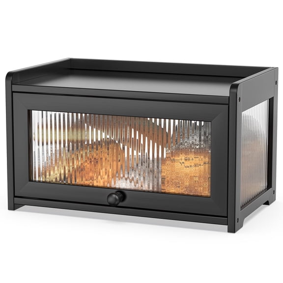 BambooHomie Large Clear Bamboo Bread Box for Kitchen Countertop, Black