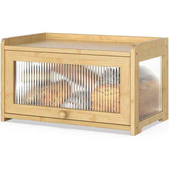 Bamboo Large Bread Box for Kitchen Counter, Bread Storage Container with 4 Sides Transparency, Wooden Breadbox Bin Holder for Homemade Bread, Natural