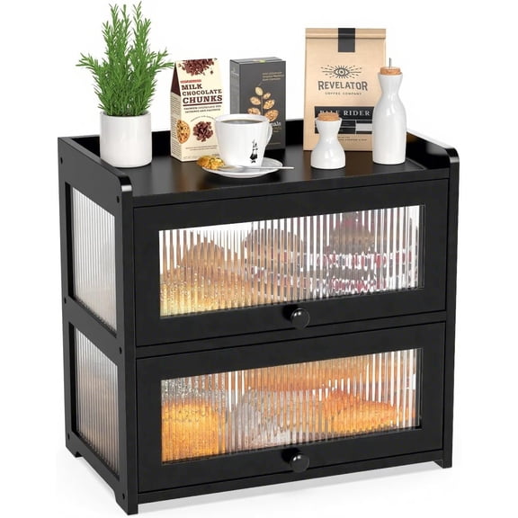 Bamboohomie Extra Large Bread Box, 2-Tier Countertop Storage Cabinet with 4-Side Clear Panels, Bamboo, Black