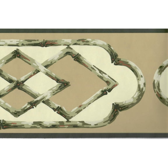 Bamboo Lattice Green Tans Red Wallpaper Border 43b62899