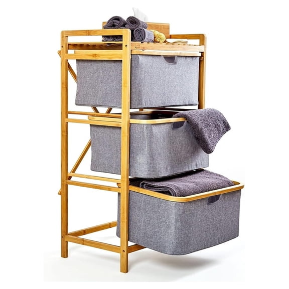 Bamboo Laundry Basket Organizer,3-Tier Pull Out Hamper Drawers Wooden Laundry Towel Cabinet Handle Freestanding Clothes Hamper Organizer for Bathroom Living Room Bedroom