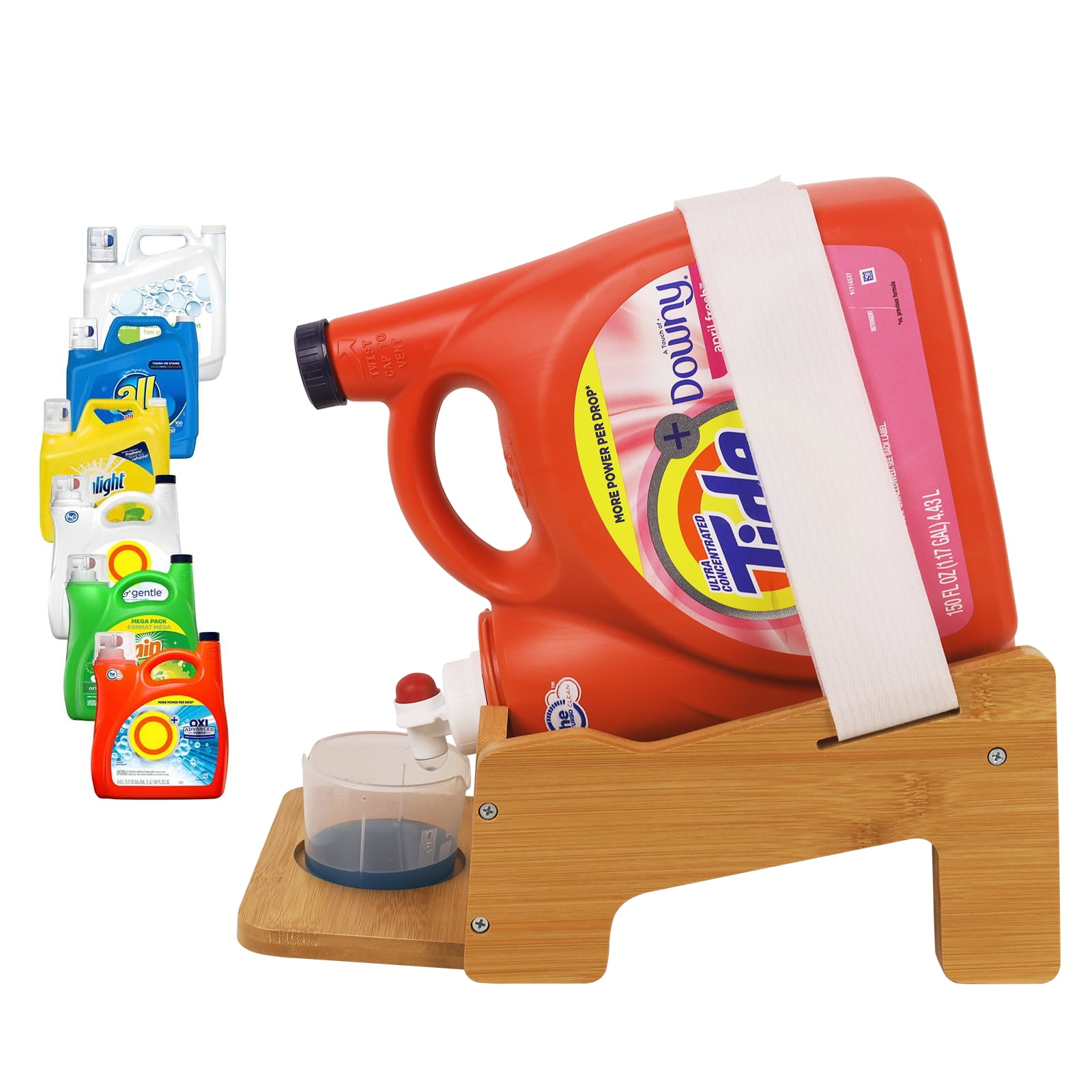 Bamboo Laundry Detergent Holder with Cup Tray by HTB, Angled Detergent