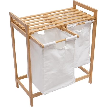 Bamboo Laundry Hamper 2 Sections Laundry Basket, Double Laundry Organizer Hamper with Removable Laundry Bags Laundry Sorter, Wooden Laundry Basket Organizer for Laundry,Bathroom