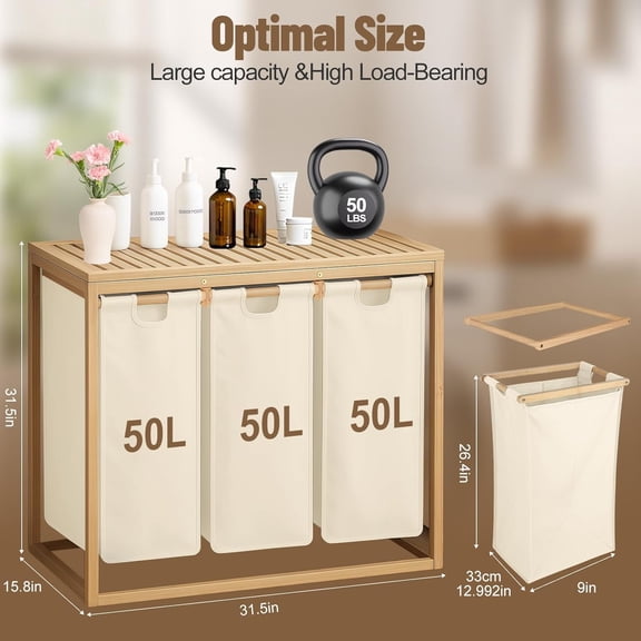 Bamboo Laundry Hamper 3 Section with Lid, 150L Laundry Sorter with Pull-Out Removable Washable Bags, 3  12.5 Gal Divided Laundry Baskets for Laundry Room, Bathroom (Beige)