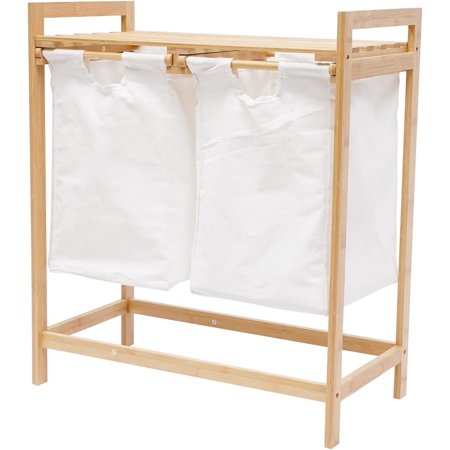 Bamboo Laundry Hamper Basket, 2 Sections Laundry Clothes Hamper Sorter with Removable Sliding Bag Shelf, Laundry Organizer and Storage Cabinet for Bathroom, 25.2 x12.99 x28.74in