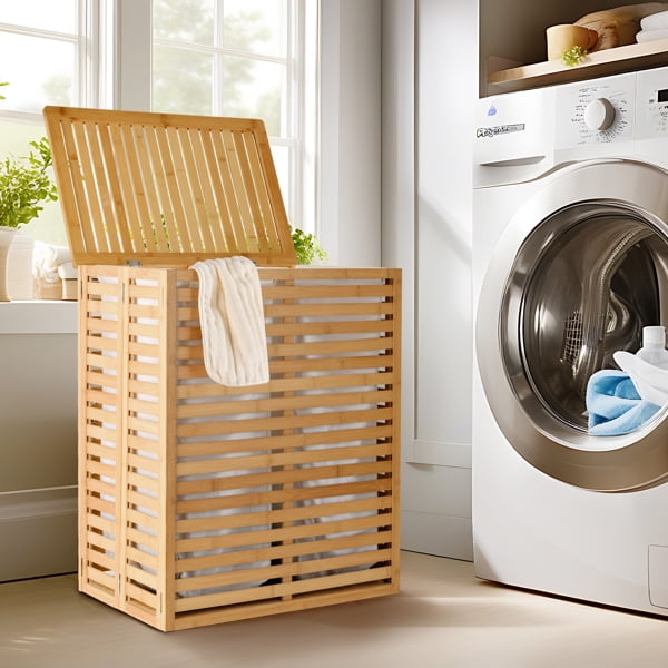 Bamboo Laundry Hamper with Lid – Foldable Clothes Basket with 2-Section Removable Liner Bag, Space-Saving Laundry Sorter for Bathroom, Bedroom, and Laundry Room