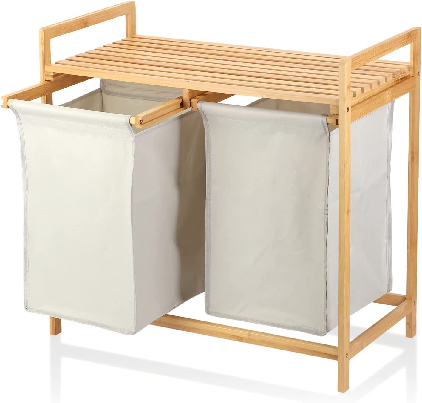 Bamboo Laundry Hamper and Shelf, 2 Sections Laundry Basket with