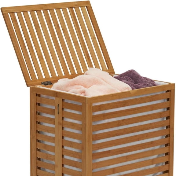 Bamboo Laundry Hamper, Slated Hamper with Cotton Bag, Removable Bag and Foldable Frame