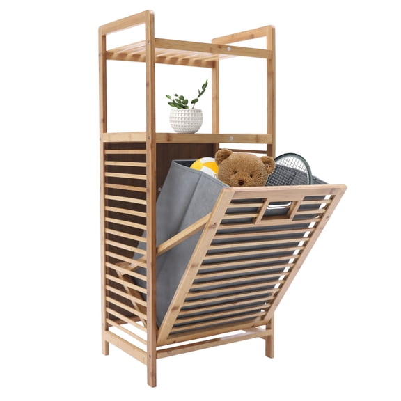 Bamboo Laundry Hamper Stand - 15.7''x11.8''x37.4'' Freestanding Laundry Basket Clothes Organizer Cabinet with Liner Bag & 2 Tier Storage Shelf for Bathroom, Living Room, Bedroom
