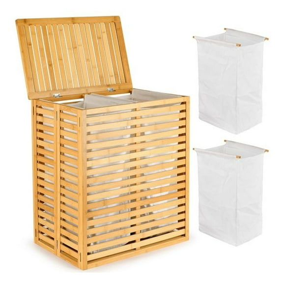 Bamboo Laundry Hamper with Lid  Foldable Clothes Basket, 2-Section Sorter for Bedroom & Bathroom as picture