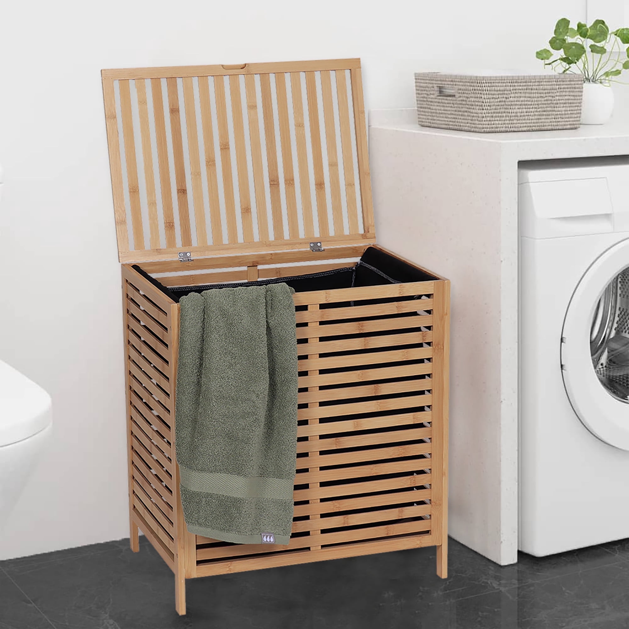 Bamboo Laundry Hamper with Lid, Removable Bag, Slatted Ventilation Design, Large Storage Basket, Perfect for Bathroom  Laundry Room