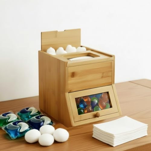 Bamboo Laundry Pods Container 10.6 x 8.3 x 6.9 Inch, 3 in 1 Multi Purpose Storage Organization Container for Laundry Pods, Facial Tissues, Disposable Gloves, Dryer Sheet Box